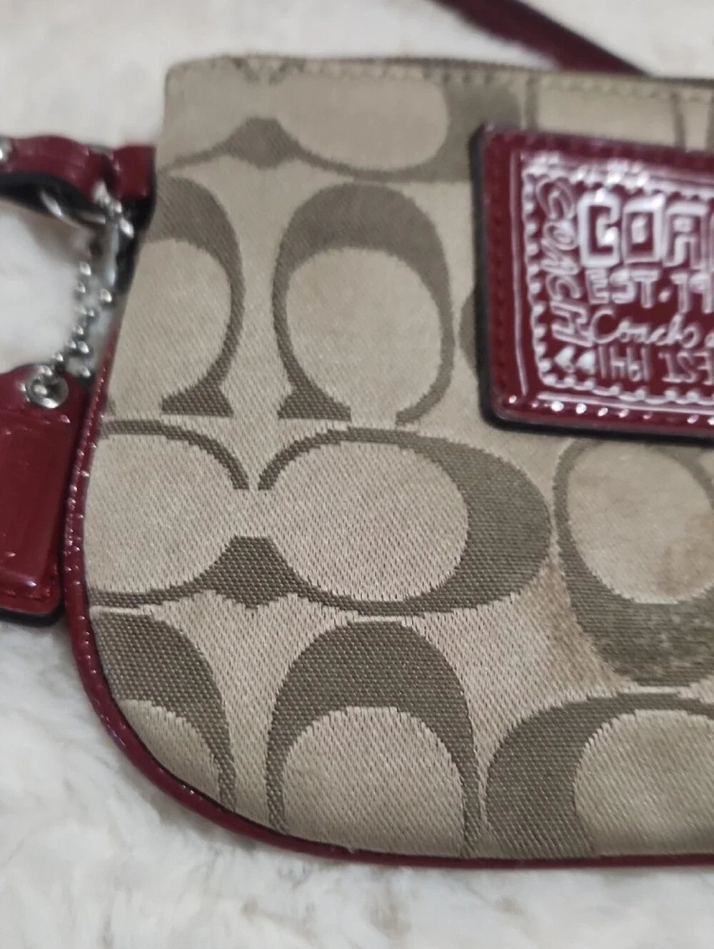 Coach Signature Canvas Wristlet with Burgundy Trim